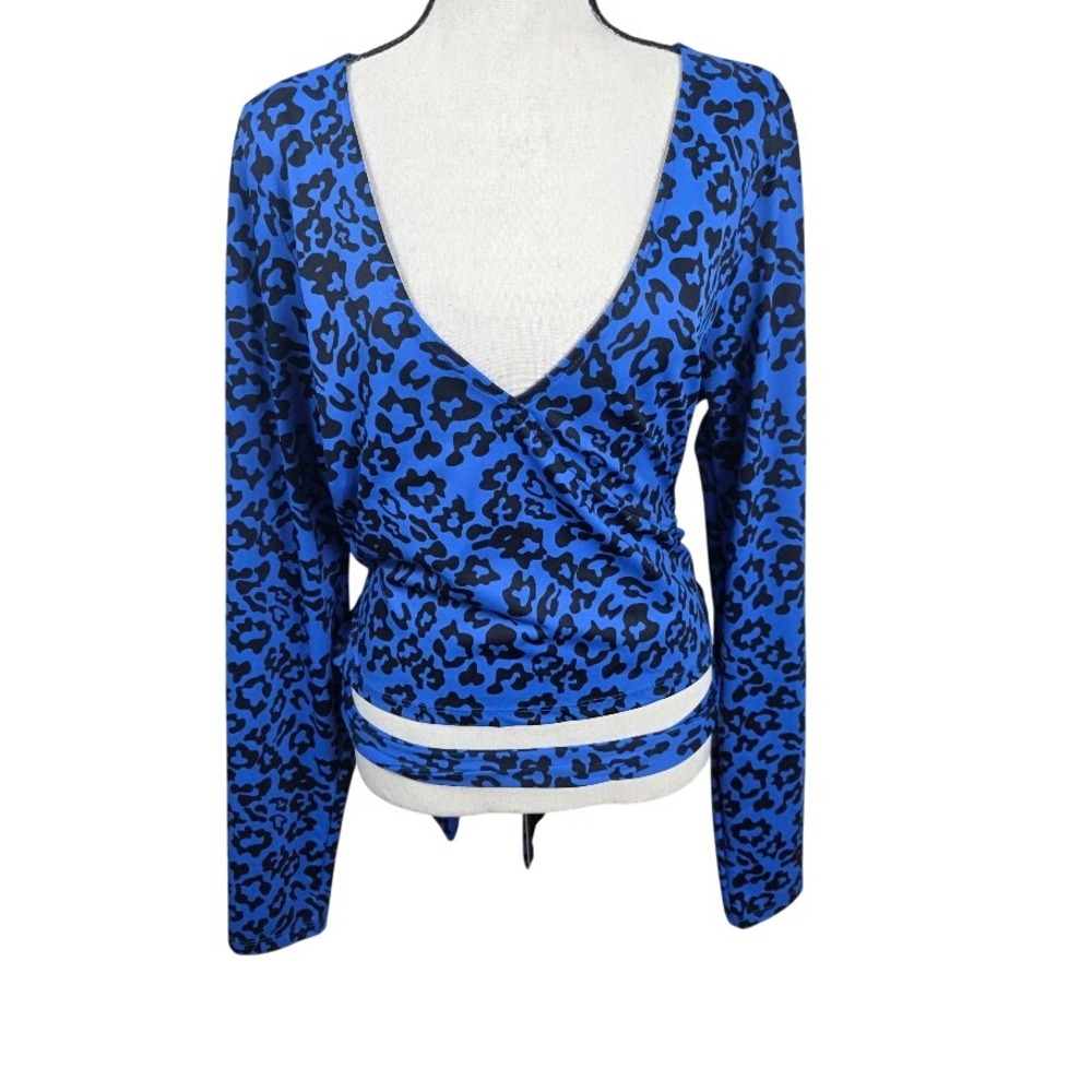 Rebdolls Wrap Top Womens 5X Blue Leopard Print Long Sleeve Surplice Tie Waist